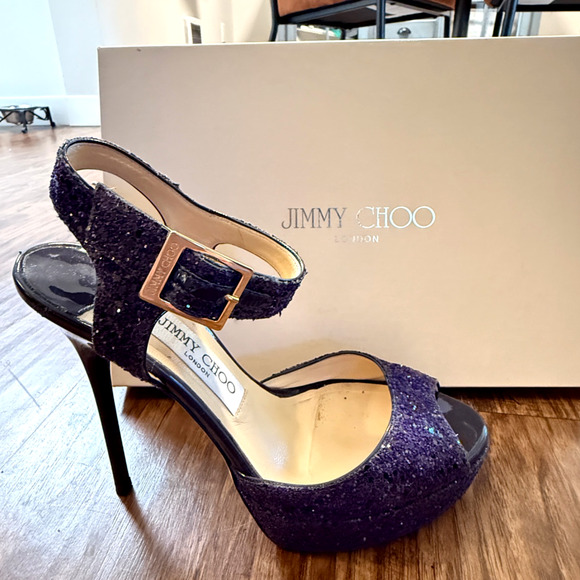 Jimmy Choo 6.5 Coarse Glitter Platform Sandals Stiletto Linda Heels Purple 36.5 - Picture 9 of 10